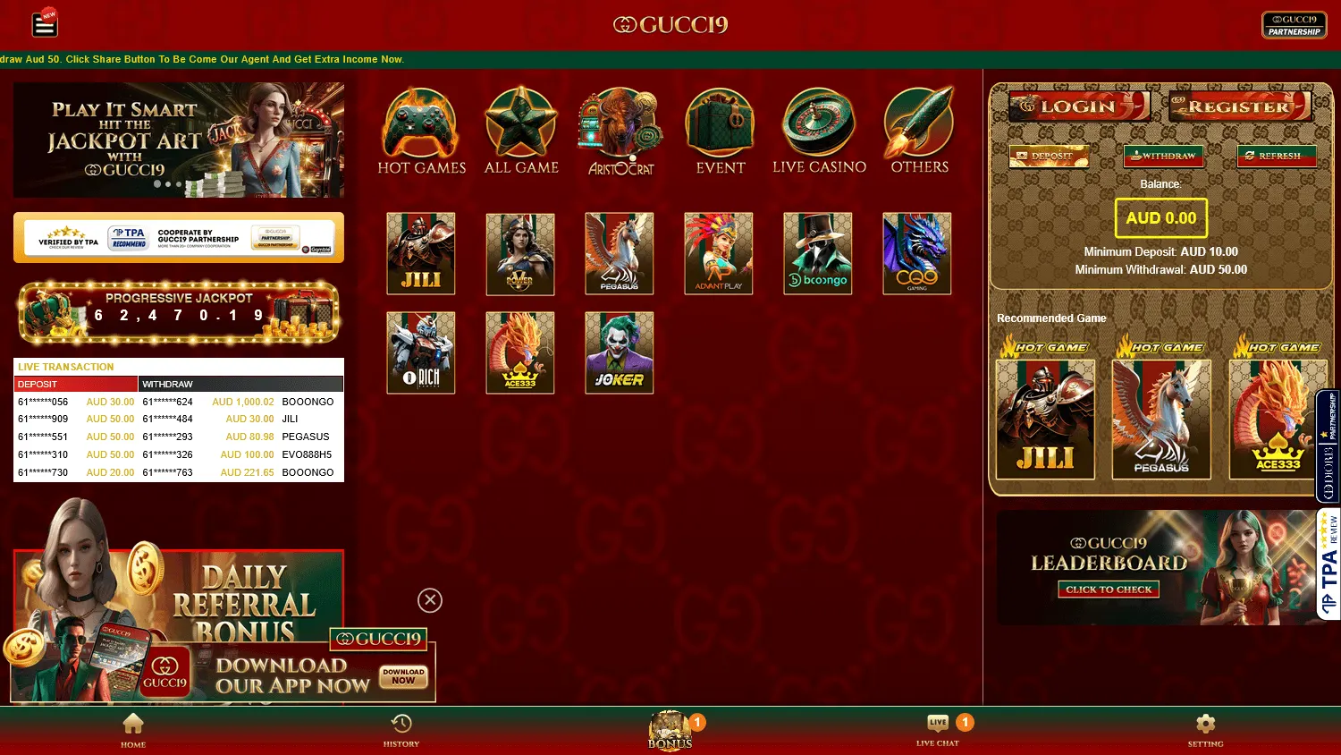Gucci9 Casino home page on desktop