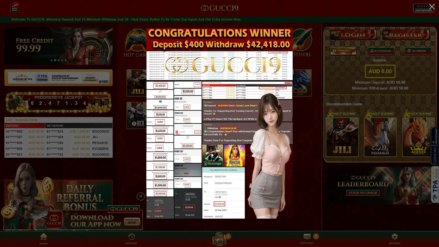 Gucci9 Casino games area on desktop