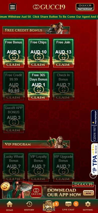 Gucci9 Casino promotions area on a mobile device